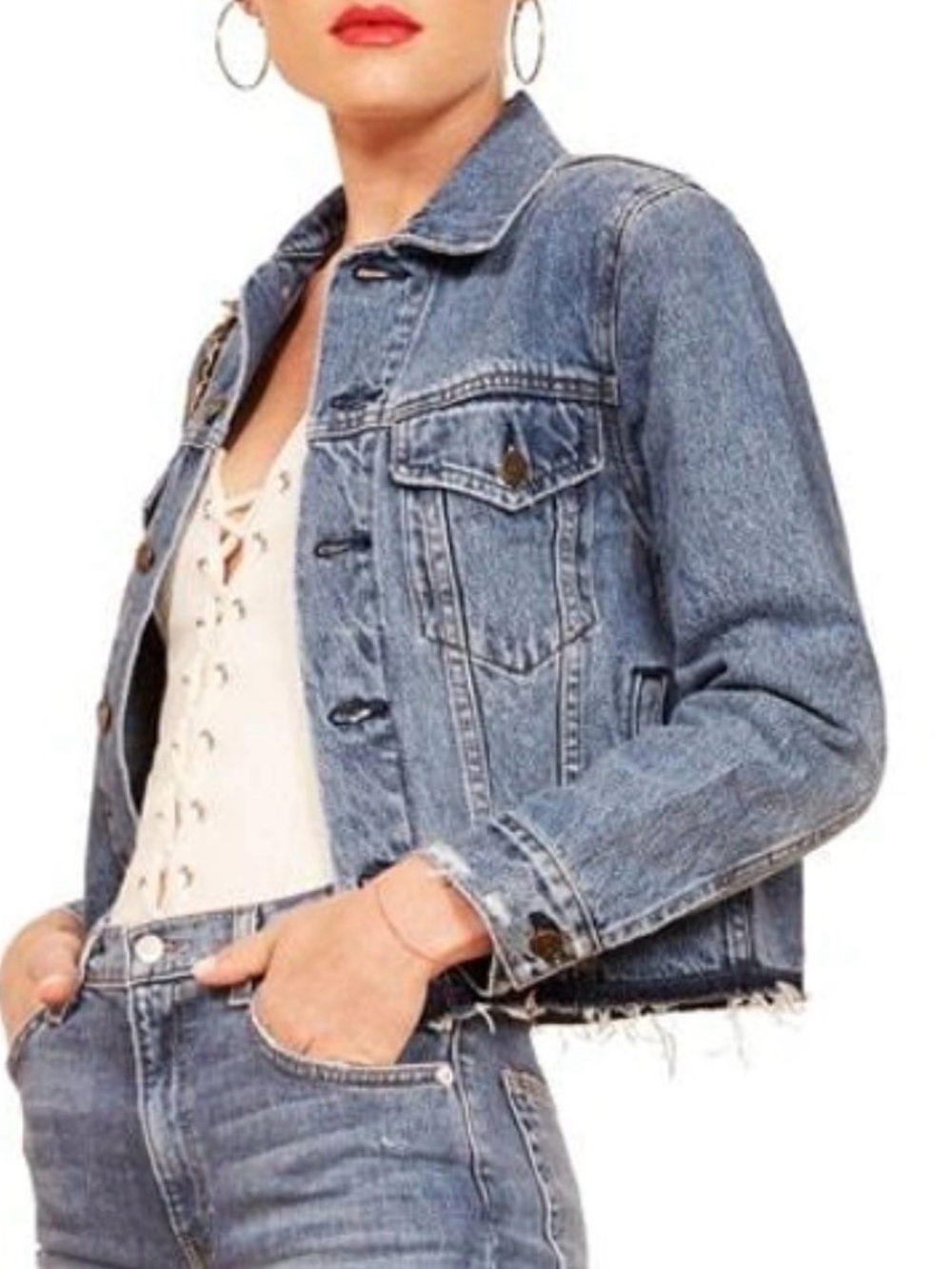 Reformation Women's Light Blue Distressed Denim Jacket
